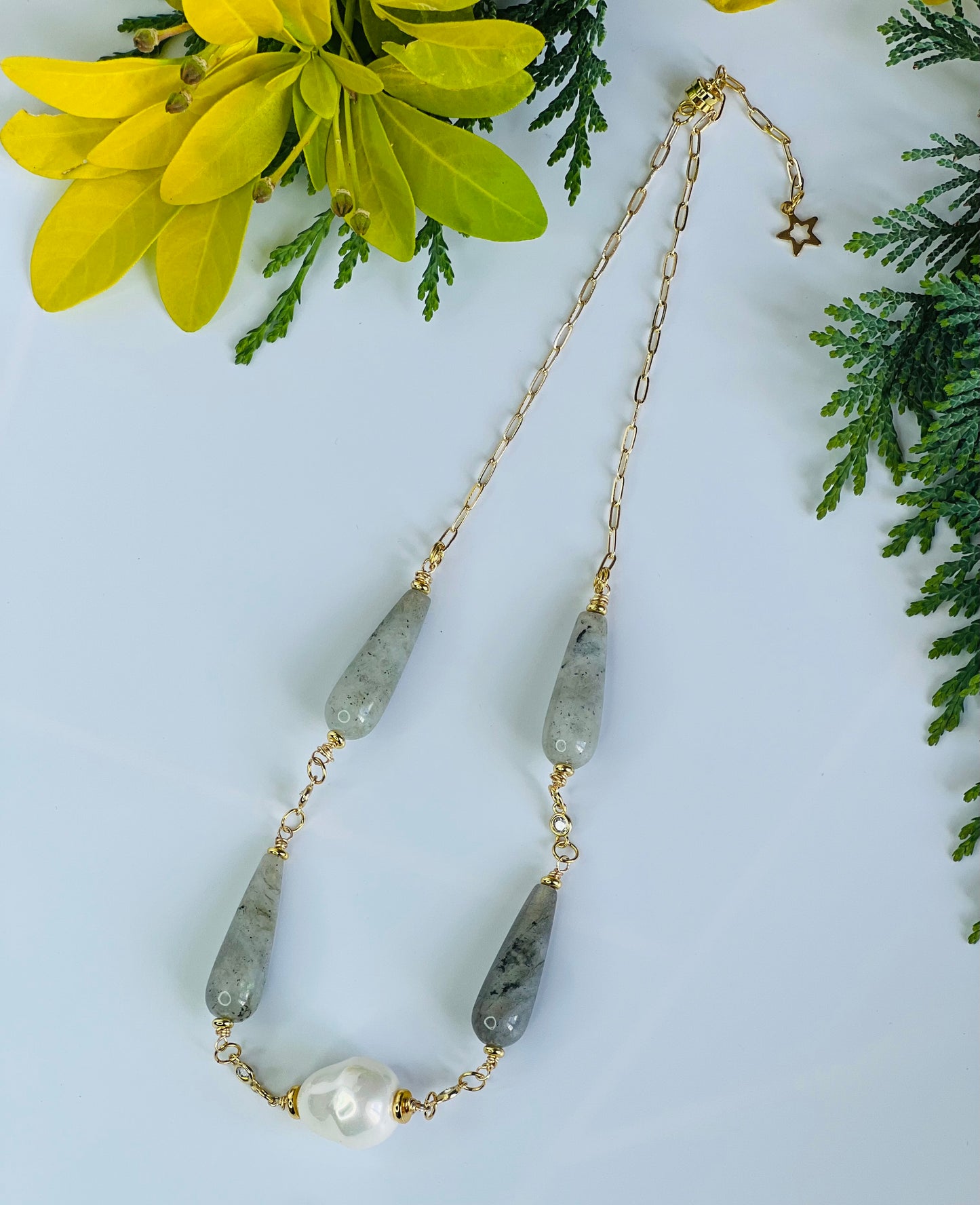 Gold-Filled Necklace with Green Labradorite, Swarovski Pearls & Zirconia Spacers