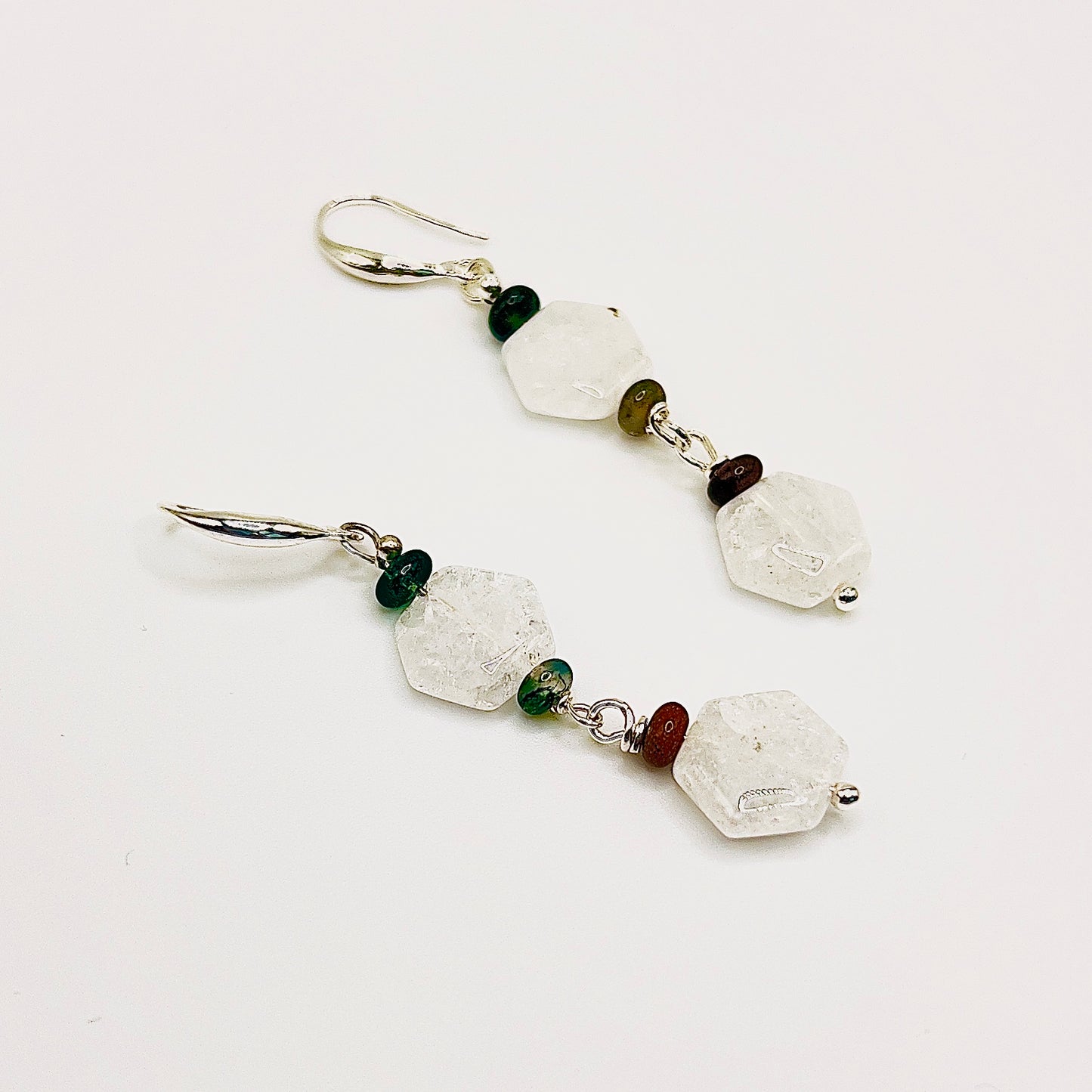 925 Silver Earrings with Crackled white jade & Agate Rondelles