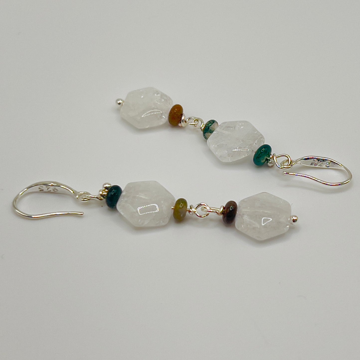 925 Silver Earrings with Crackled white jade & Agate Rondelles