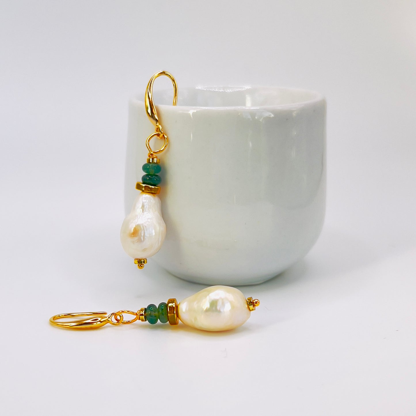 Elegant Baroque Pearl & Aventurine Gemstone in Gold filled Earrings