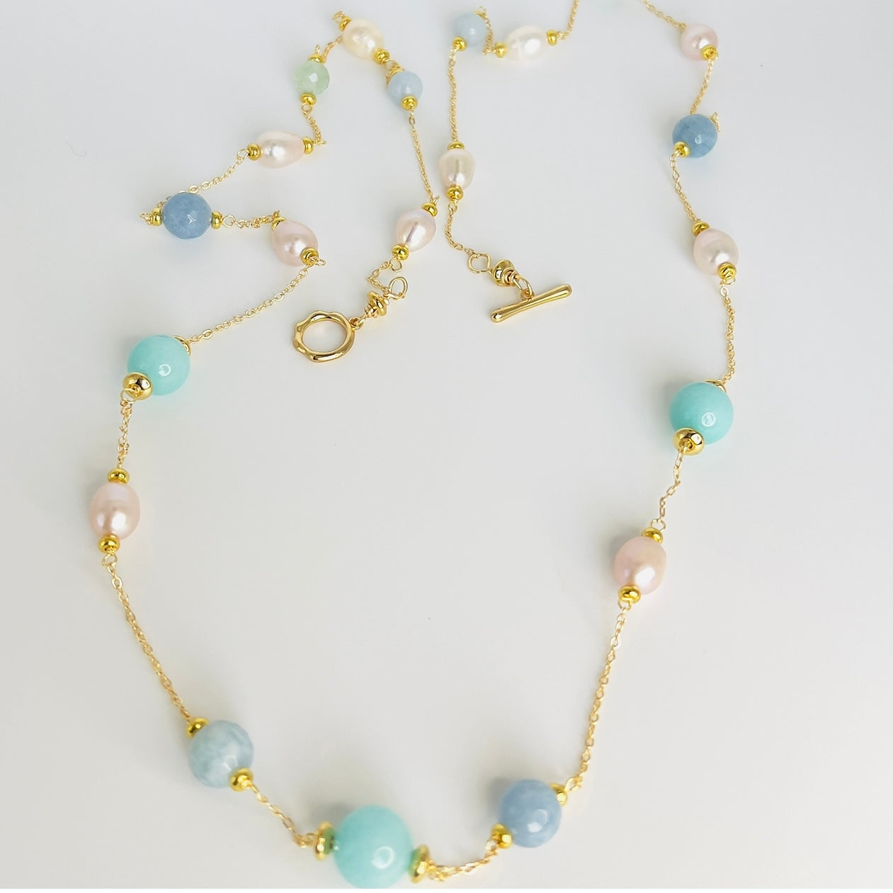 Gold-Filled Necklace with Baroque Pearls, Aquamarine & Jade Gemstones