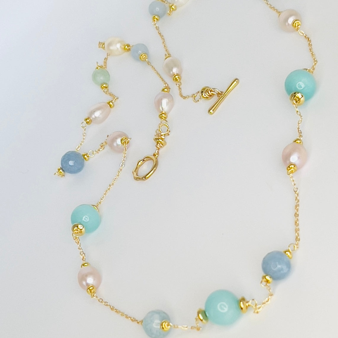 Gold-Filled Necklace with Baroque Pearls, Aquamarine & Jade Gemstones