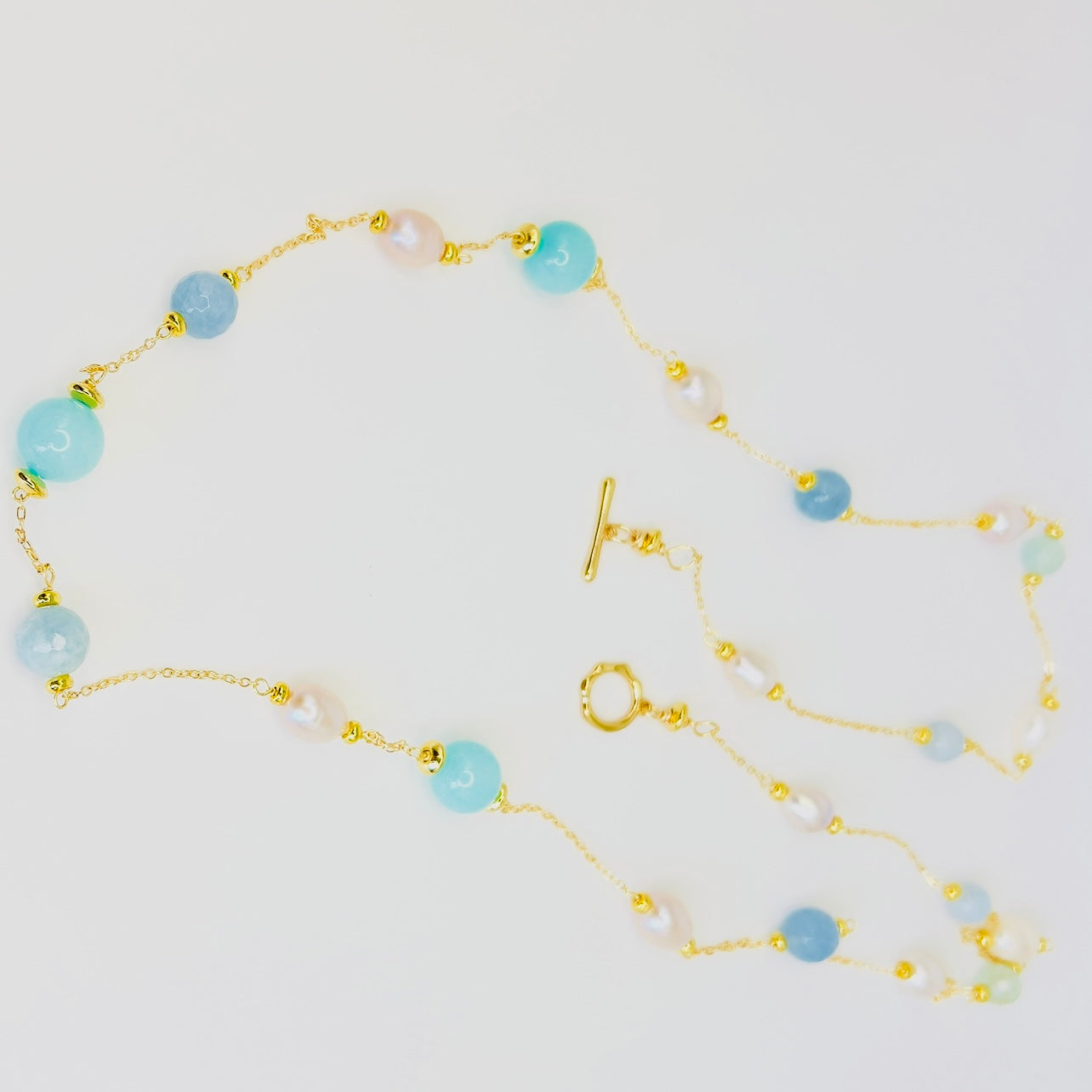 Gold-Filled Necklace with Baroque Pearls, Aquamarine & Jade Gemstones