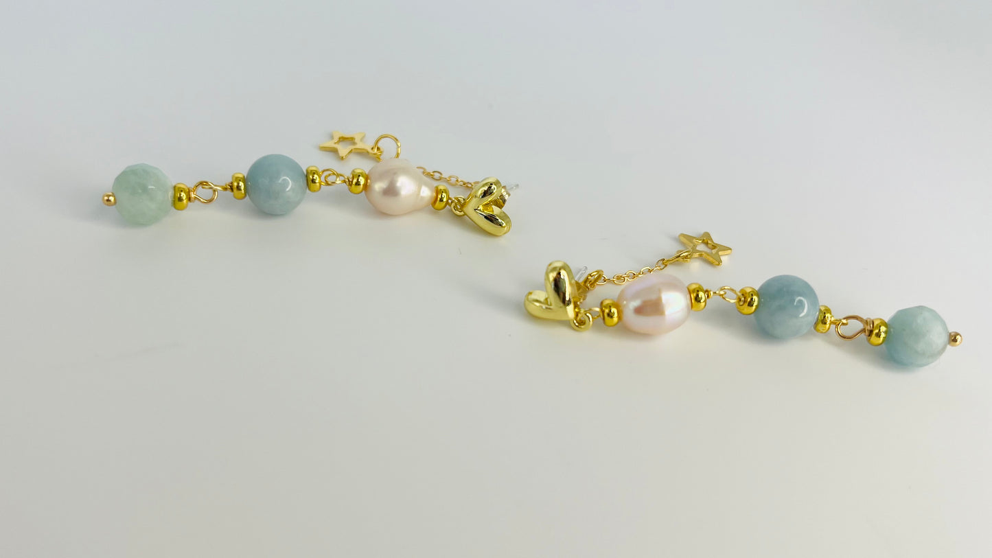 Elegant Gold-Filled Earrings with Baroque Pearls & Aquamarine Jade