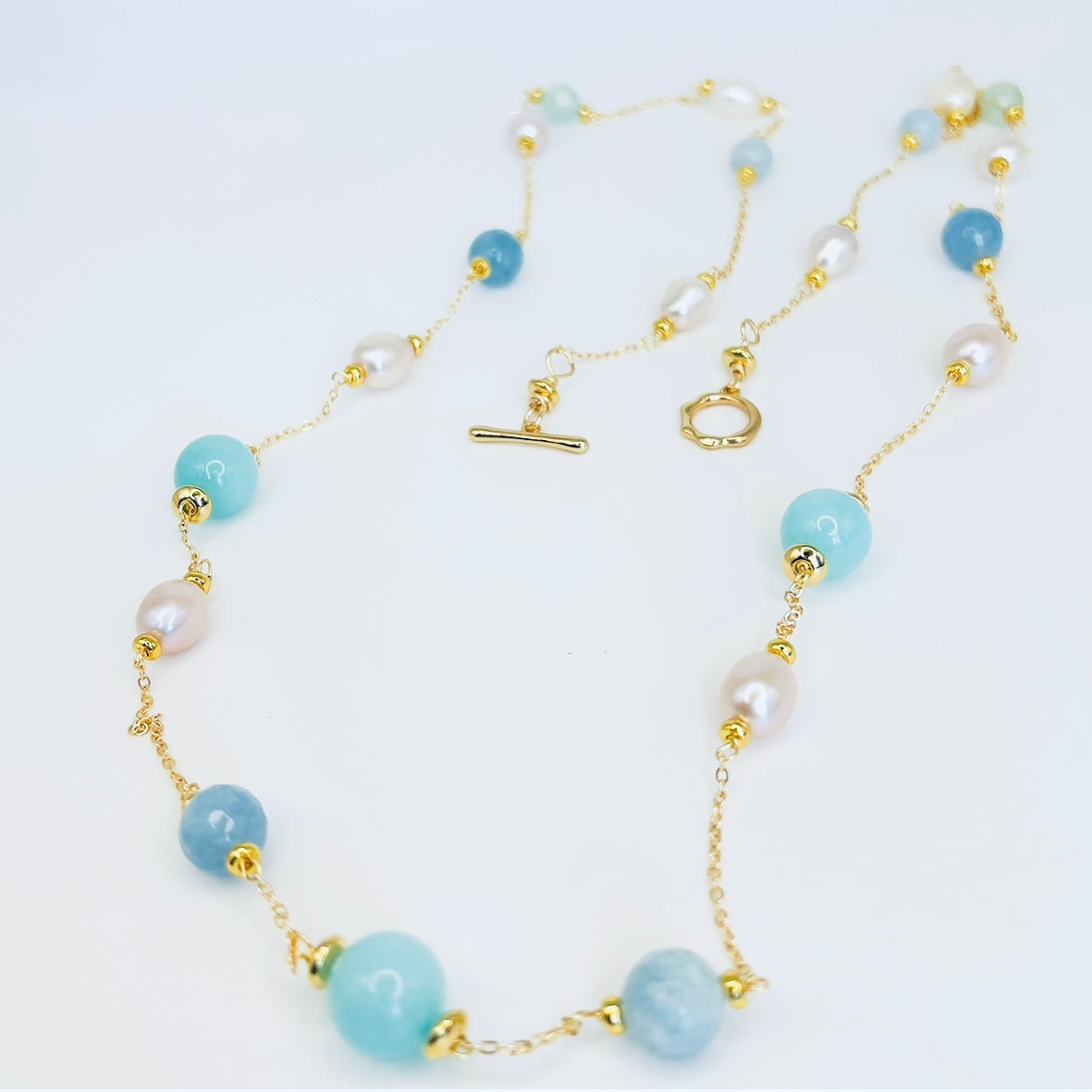 Gold-Filled Necklace with Baroque Pearls, Aquamarine & Jade Gemstones