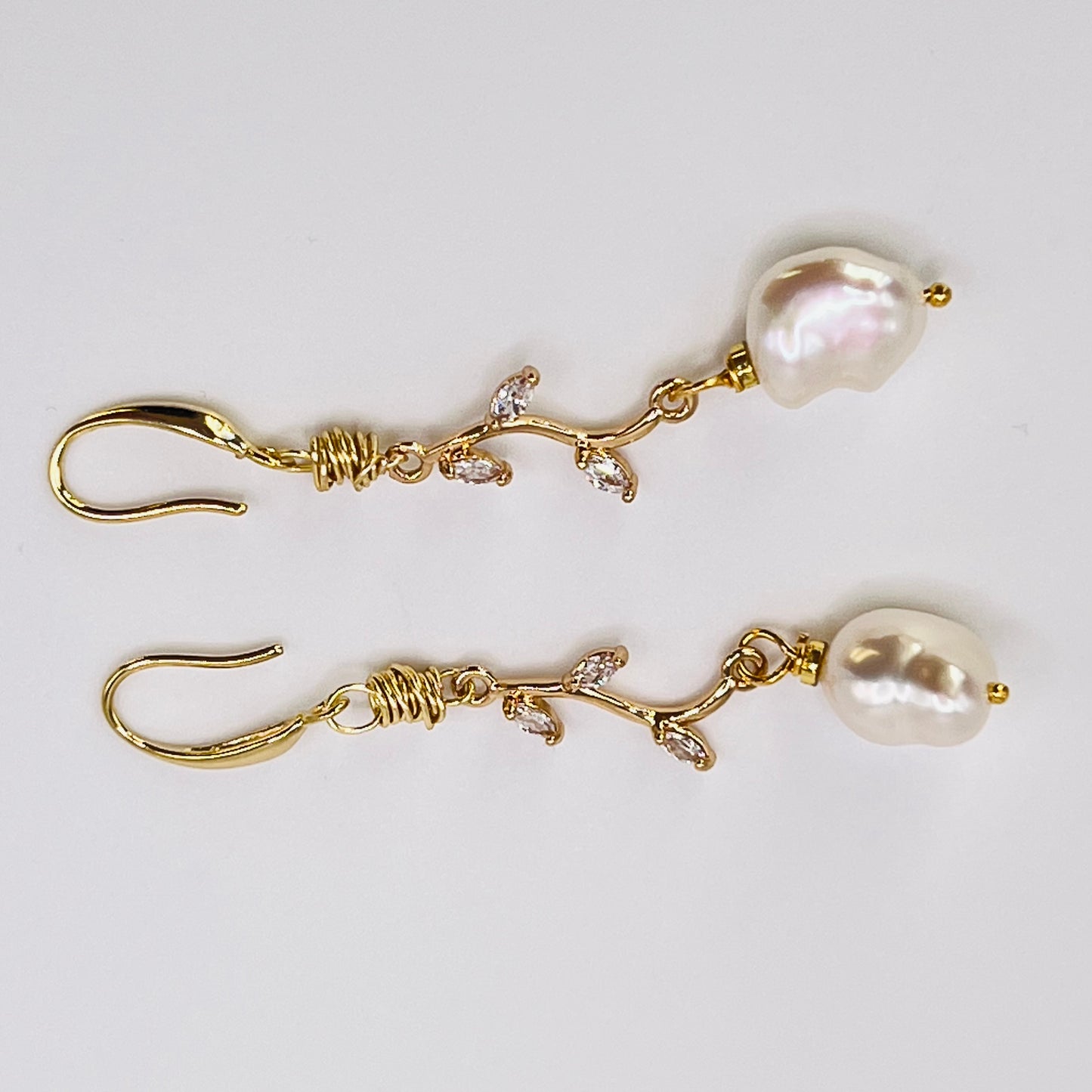 Gold-Filled Baroque Pearl Earrings with Zirconia Leaf Links