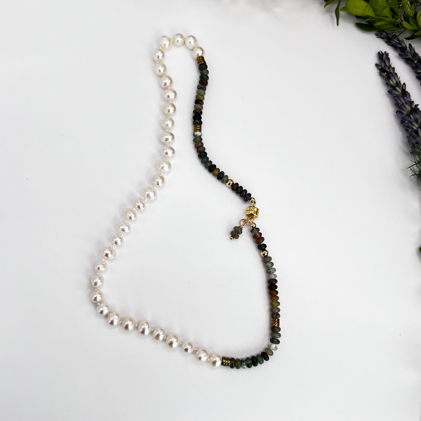 Necklace with South Sea Pearls and Gemstone Rondelle in Gold-Filled with Magnetic Clasp, Strung on Silk Thread