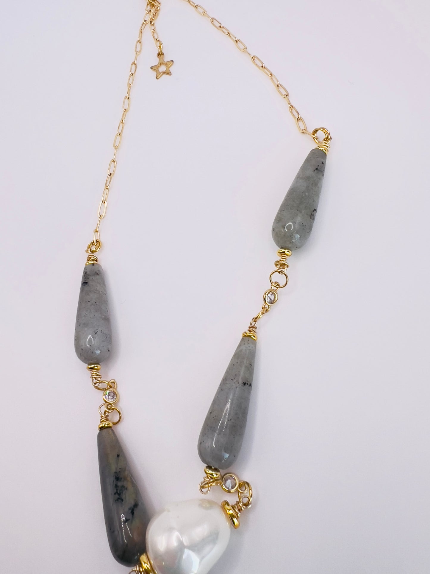 Gold-Filled Necklace with Green Labradorite, Swarovski Pearls & Zirconia Spacers