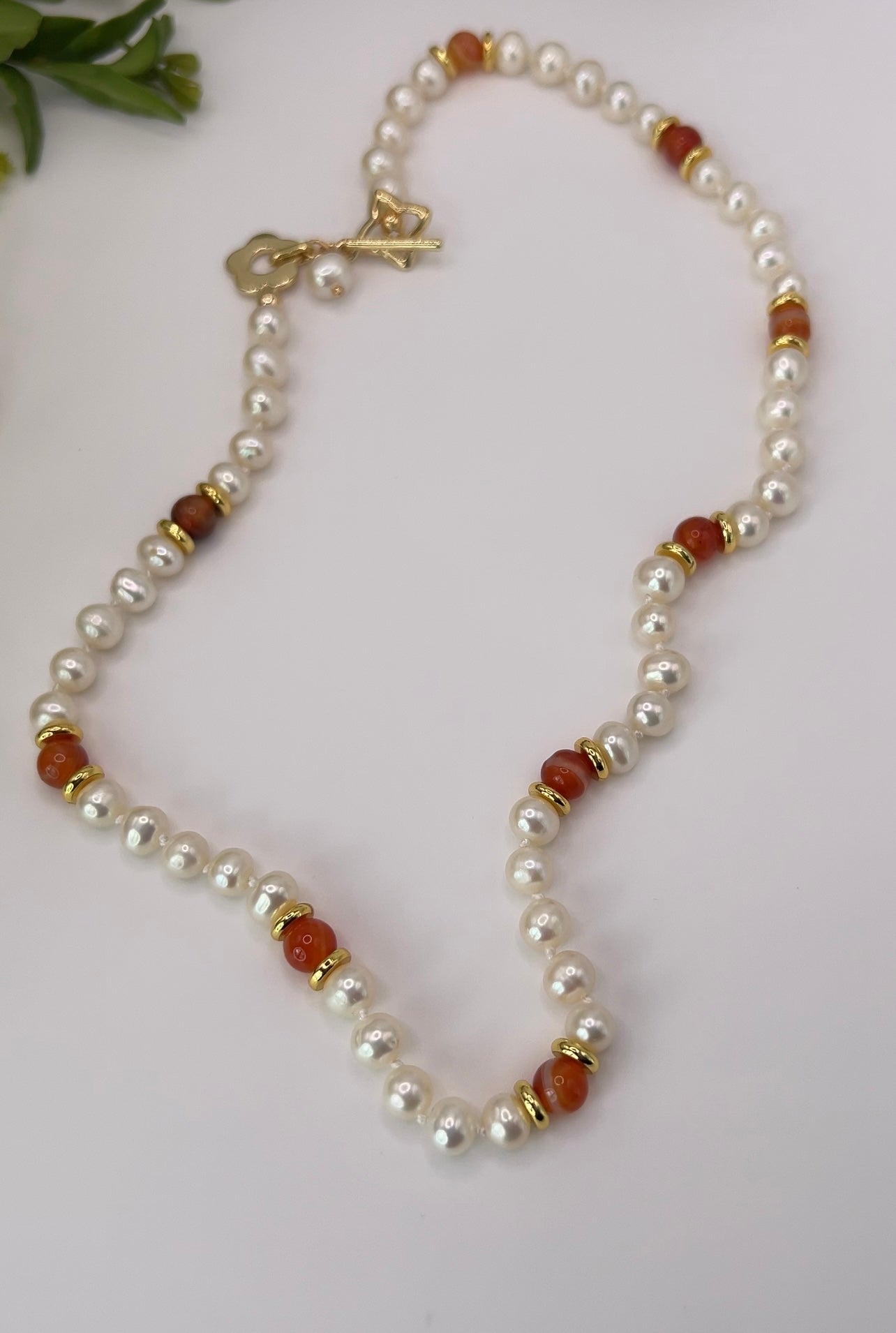 Gold Filled Necklace Pearls and Red Carnelian