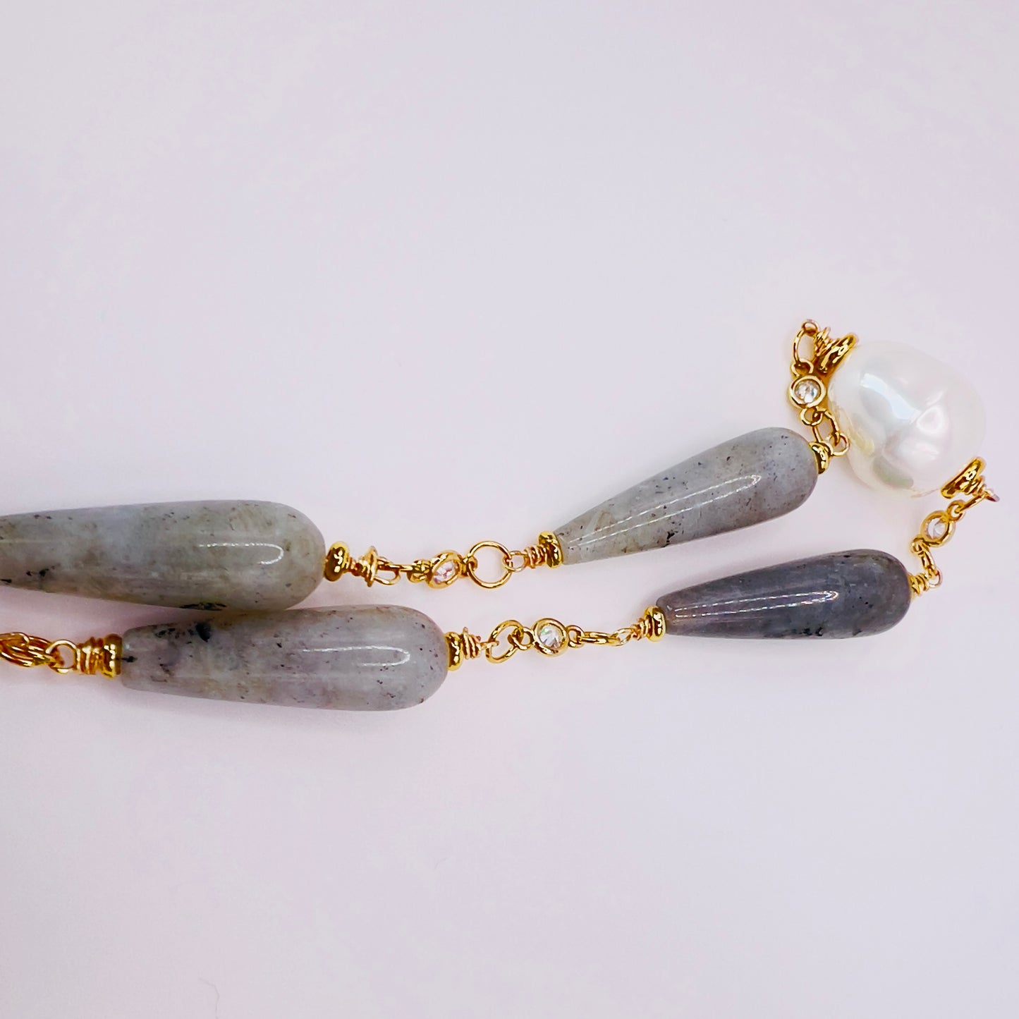 Gold-Filled Necklace with Green Labradorite, Swarovski Pearls & Zirconia Spacers