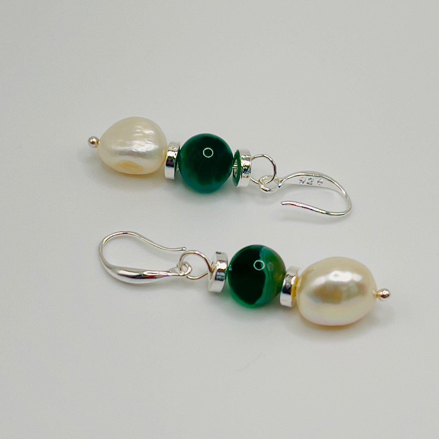 925 Silver Earrings with Green Jade and Baroque Pearls