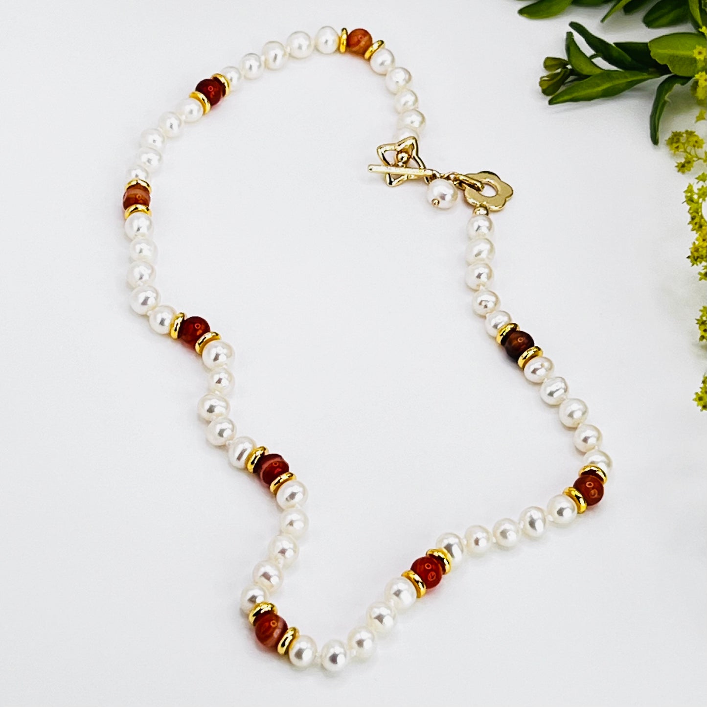 Gold Filled Necklace Pearls and Red Carnelian