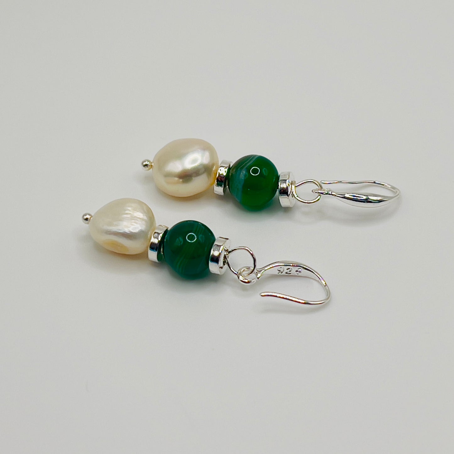 925 Silver Earrings with Green Jade and Baroque Pearls