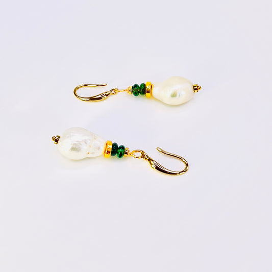 Elegant Baroque Pearl & Aventurine Gemstone in Gold filled Earrings