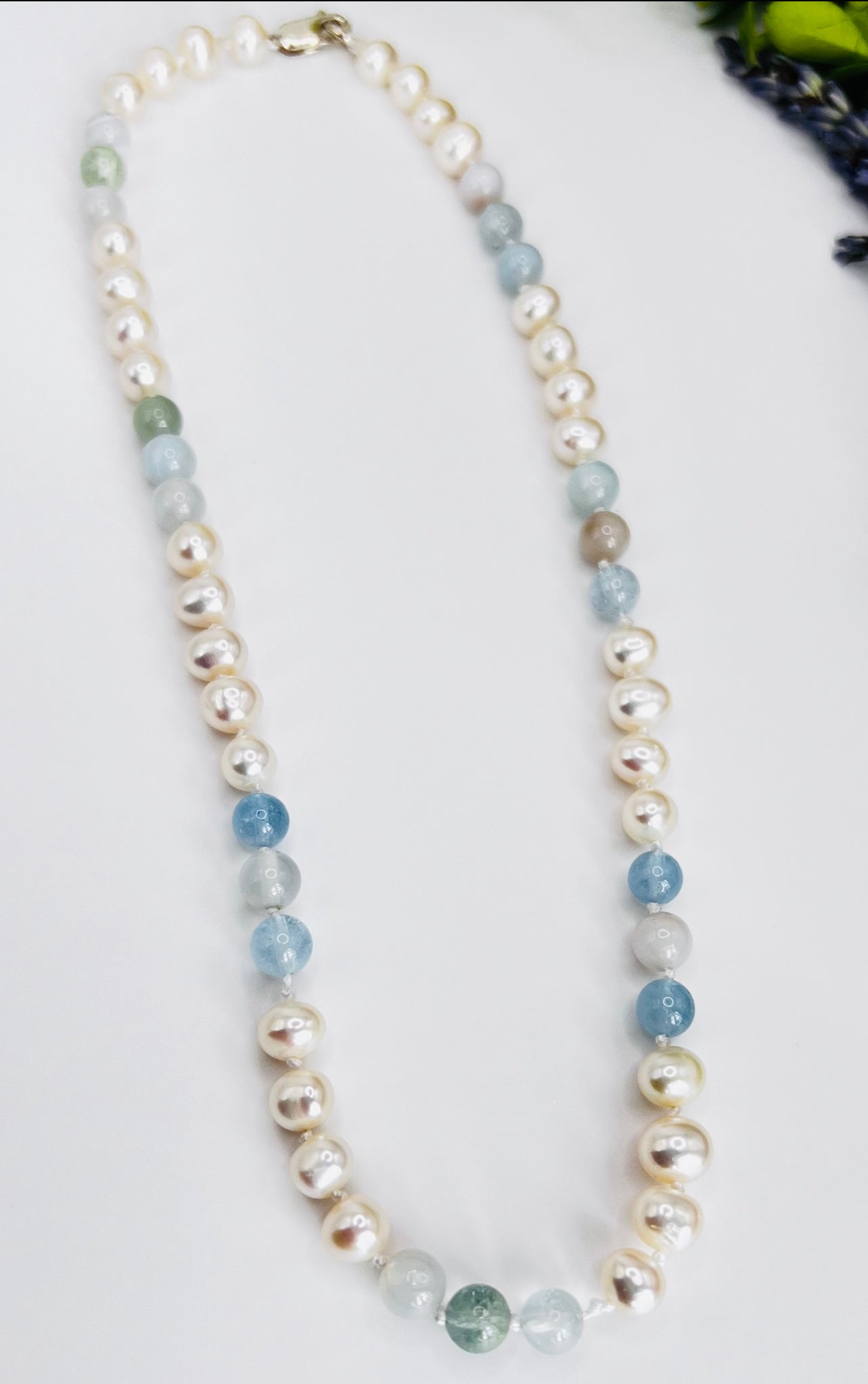 South Sea Pearls / Aquamarine Jade In 925 Silver Necklace