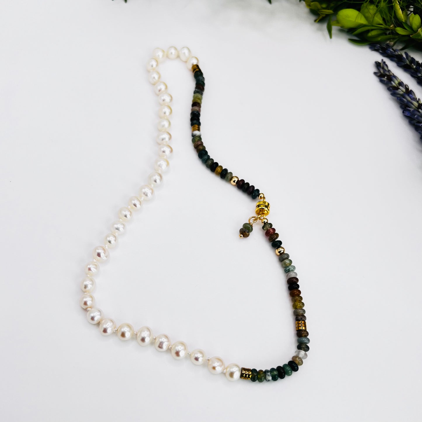 Necklace with South Sea Pearls and Gemstone Rondelle in Gold-Filled with Magnetic Clasp, Strung on Silk Thread