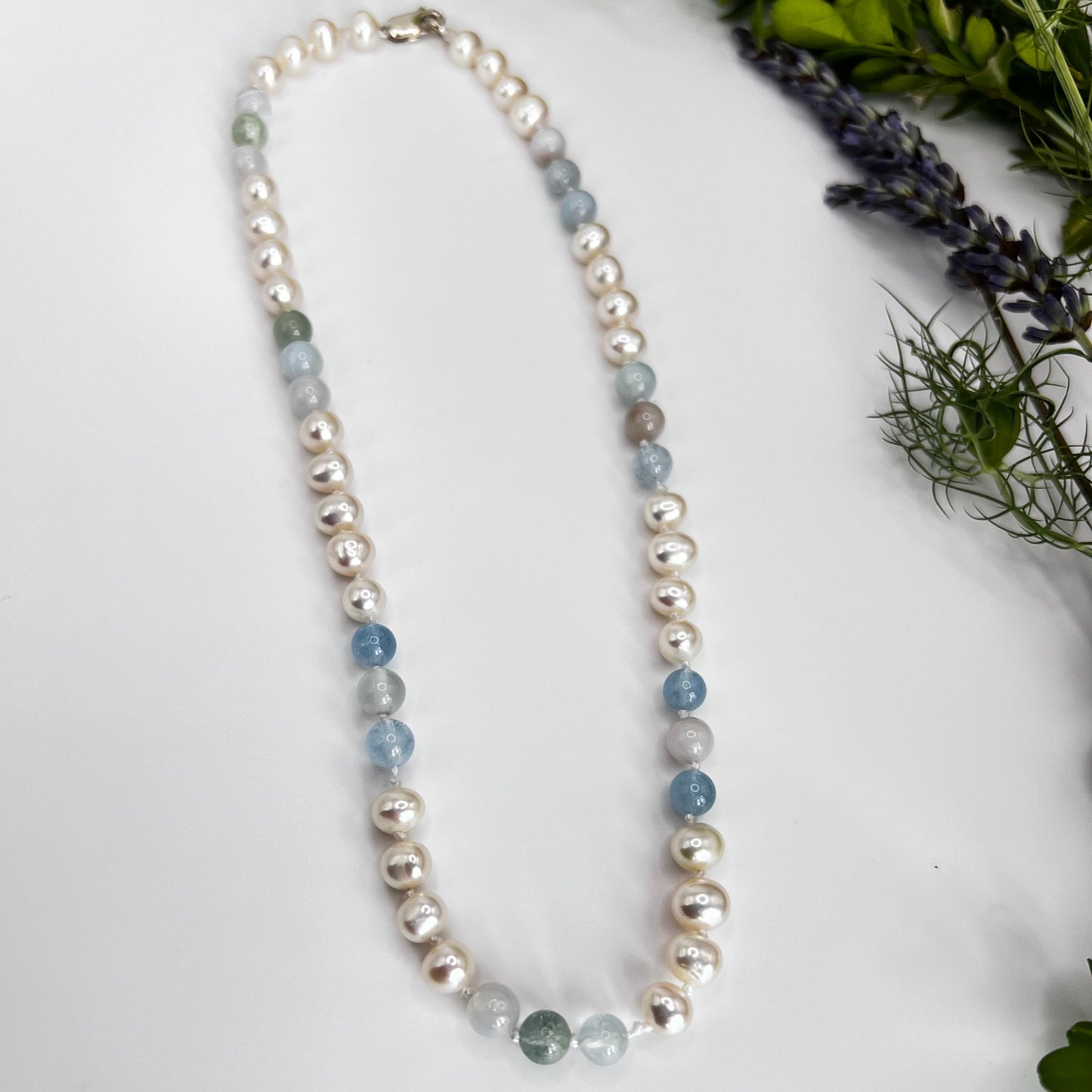 South Sea Pearls / Aquamarine Jade In 925 Silver Necklace