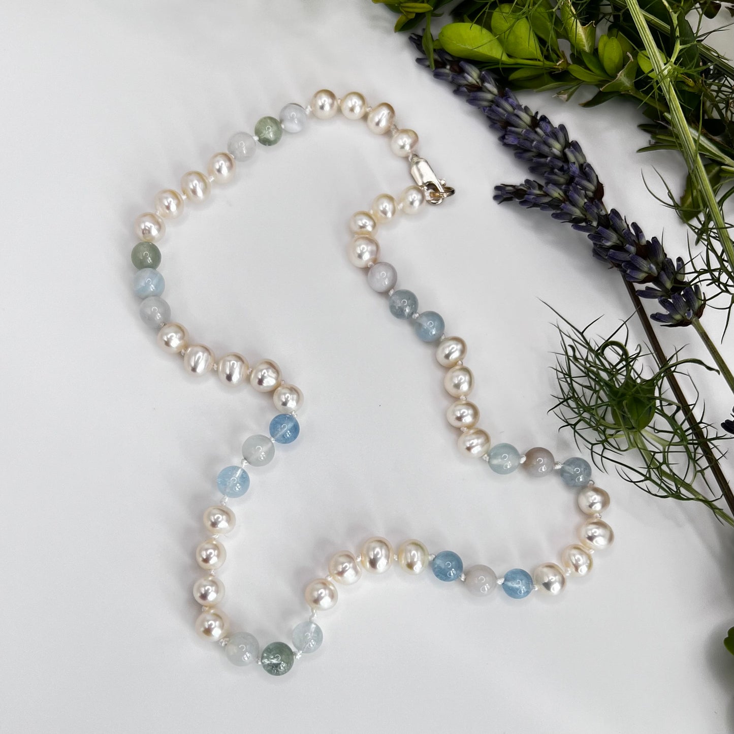 South Sea Pearls / Aquamarine Jade In 925 Silver Necklace