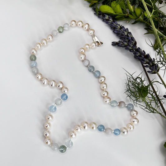 South Sea Pearls / Aquamarine Jade In 925 Silver Necklace