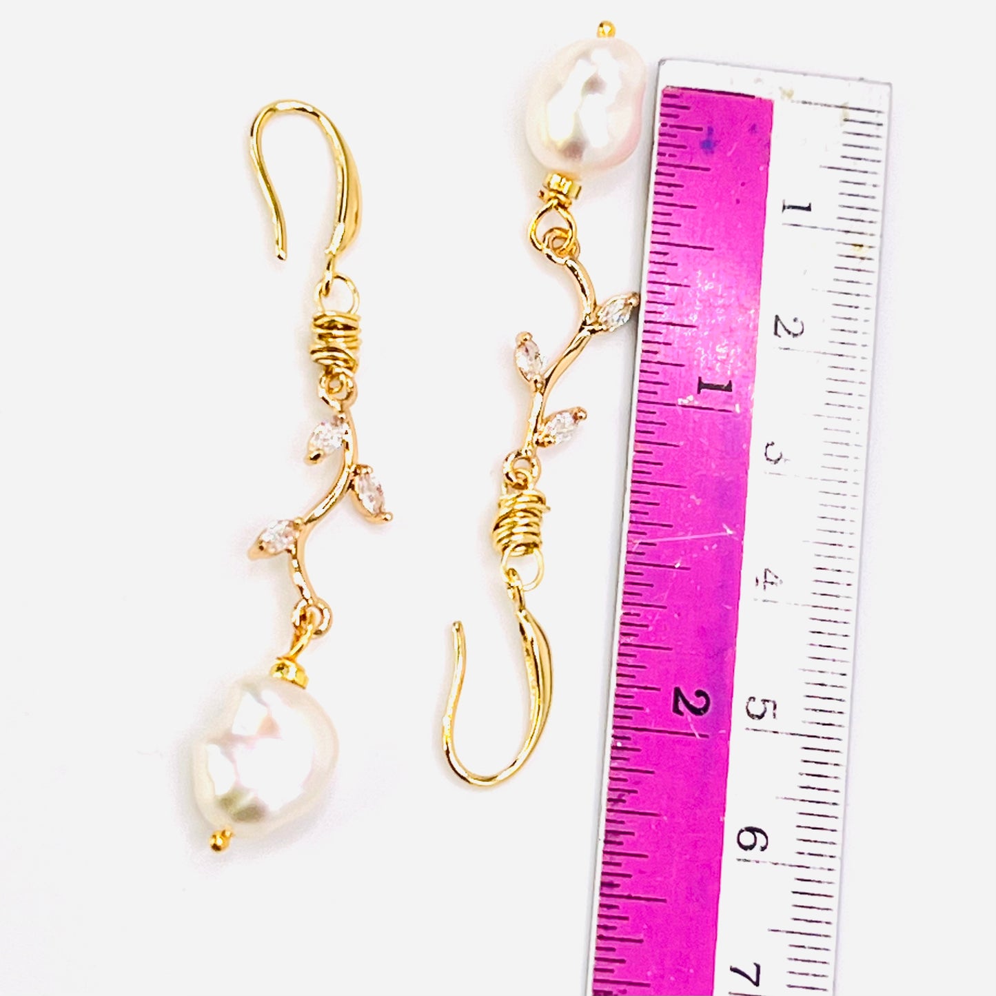 Gold-Filled Baroque Pearl Earrings with Zirconia Leaf Links