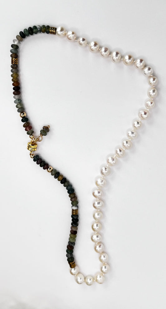 Necklace with South Sea Pearls and Gemstone Rondelle in Gold-Filled with Magnetic Clasp, Strung on Silk Thread