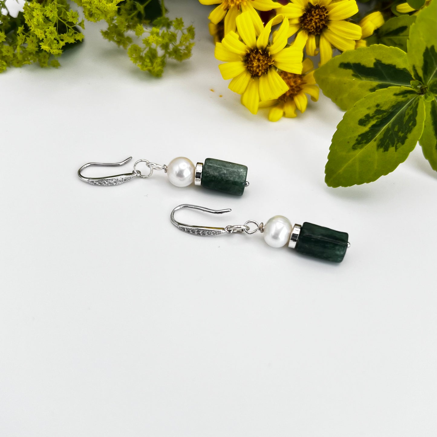 925 Silver Earrings with South Sea Pearls, Dark Green Jade, and Zirconia Hooks