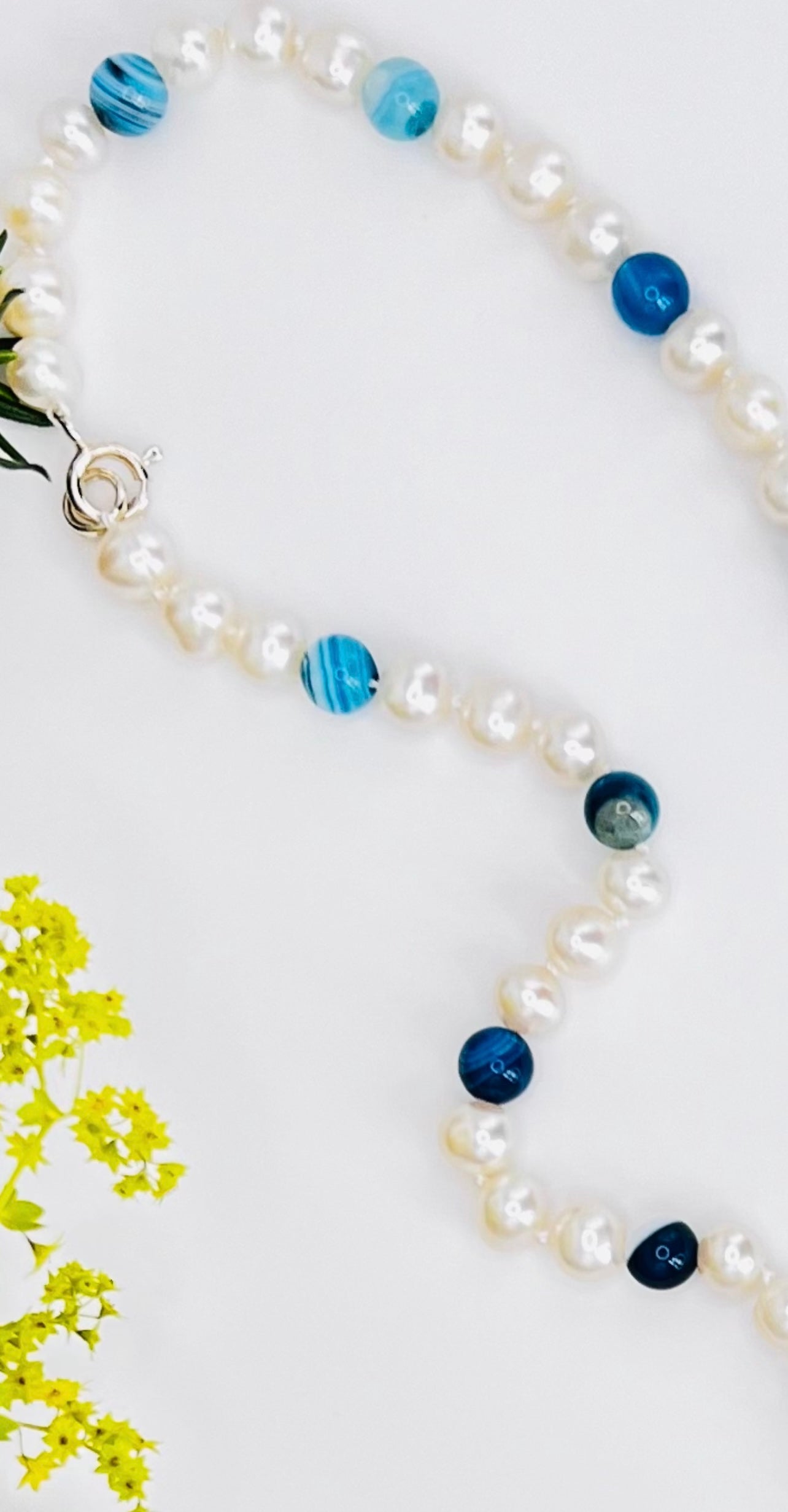 925 Silver Necklace with South Sea Pearls / Blue Agate