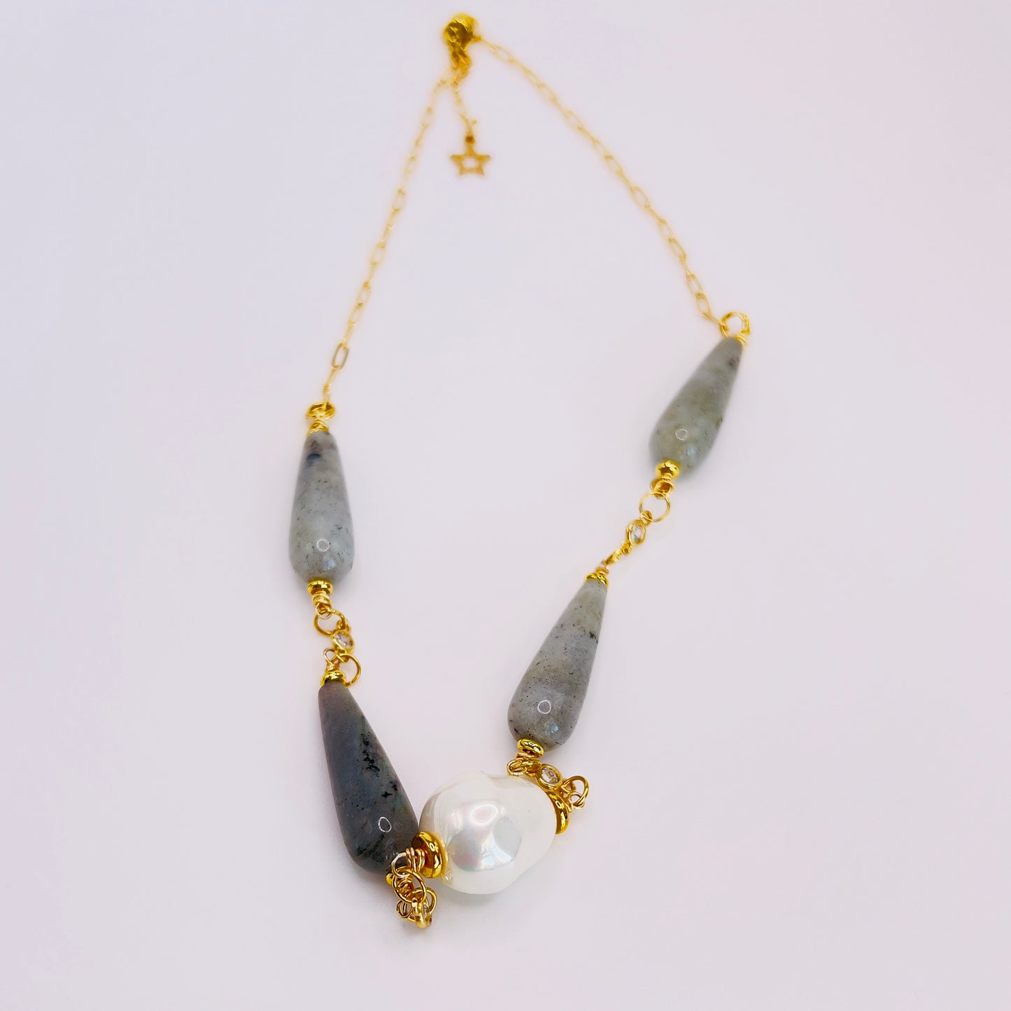 Gold-Filled Necklace with Green Labradorite, Swarovski Pearls & Zirconia Spacers