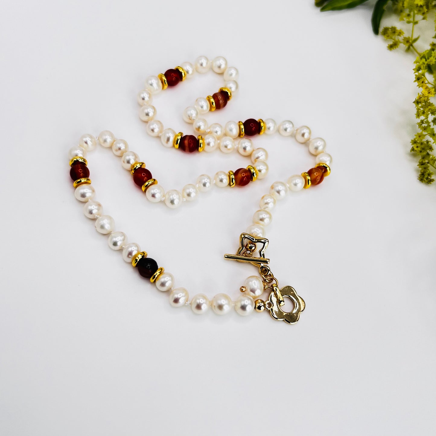 Gold Filled Necklace Pearls and Red Carnelian