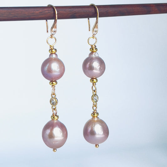 Double Baroque Pearl Drop Earrings – Pink Elegance