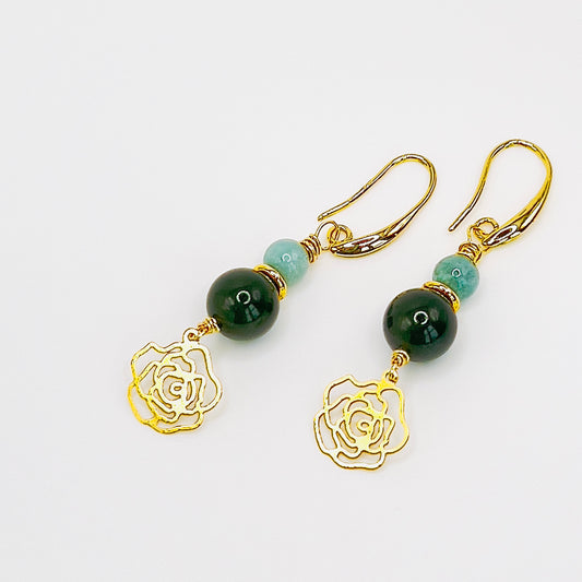 Green Jade & Gold-Filled Jericho Rose Long Earrings