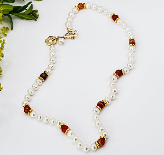 Gold Filled Necklace Pearls and Red Carnelian