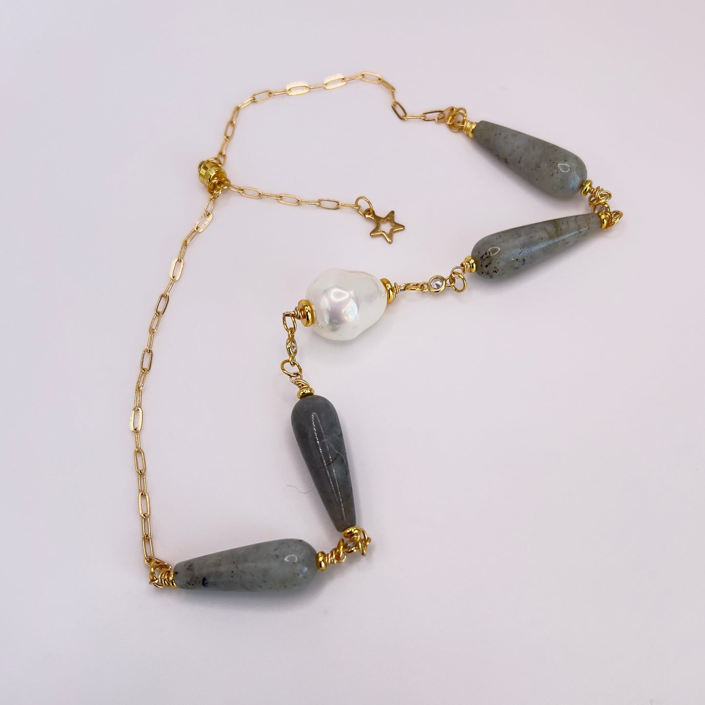 Gold-Filled Necklace with Green Labradorite, Swarovski Pearls & Zirconia Spacers