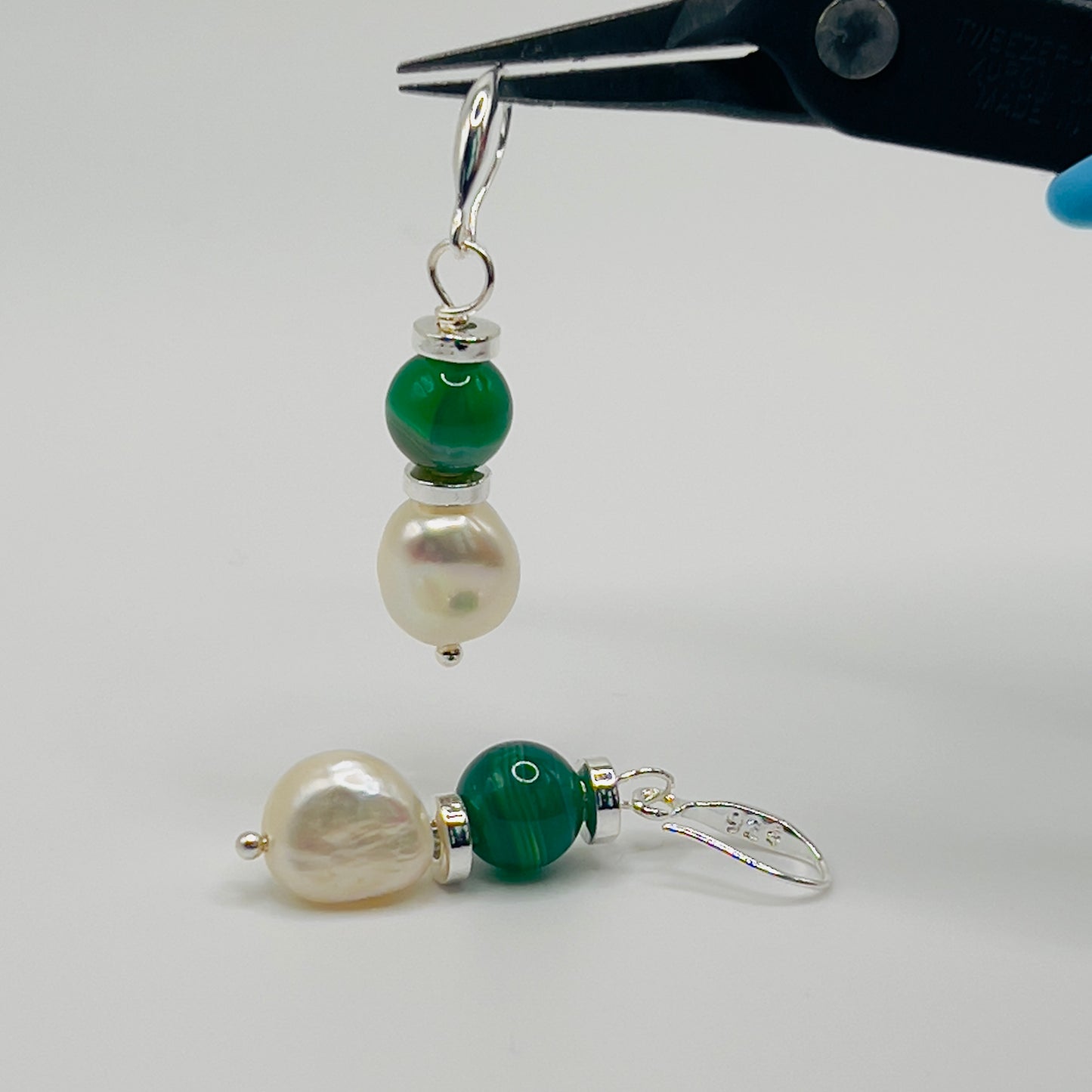 925 Silver Earrings with Green Jade and Baroque Pearls