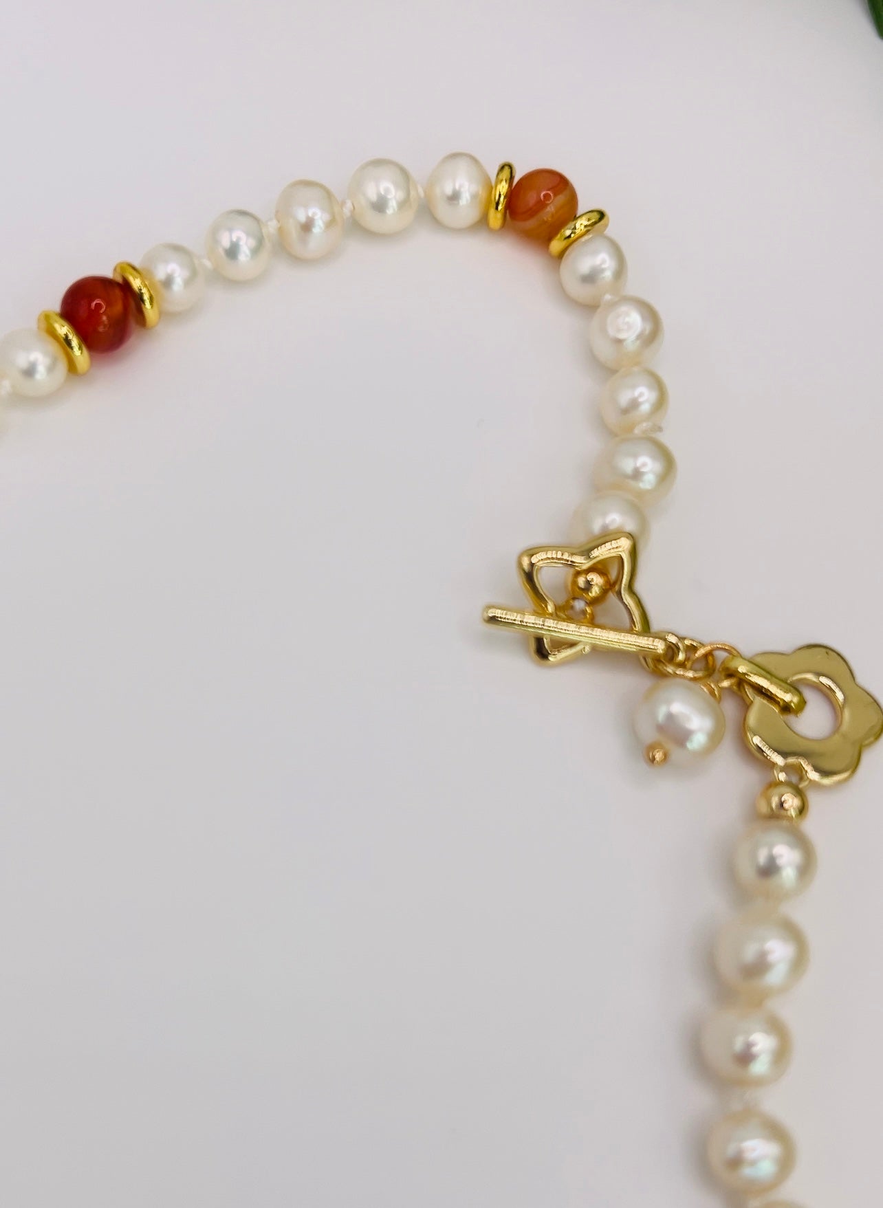 Gold Filled Necklace Pearls and Red Carnelian