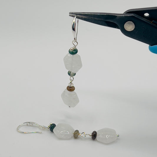 925 Silver Earrings with  Crackled white jade & Agate Rondelles