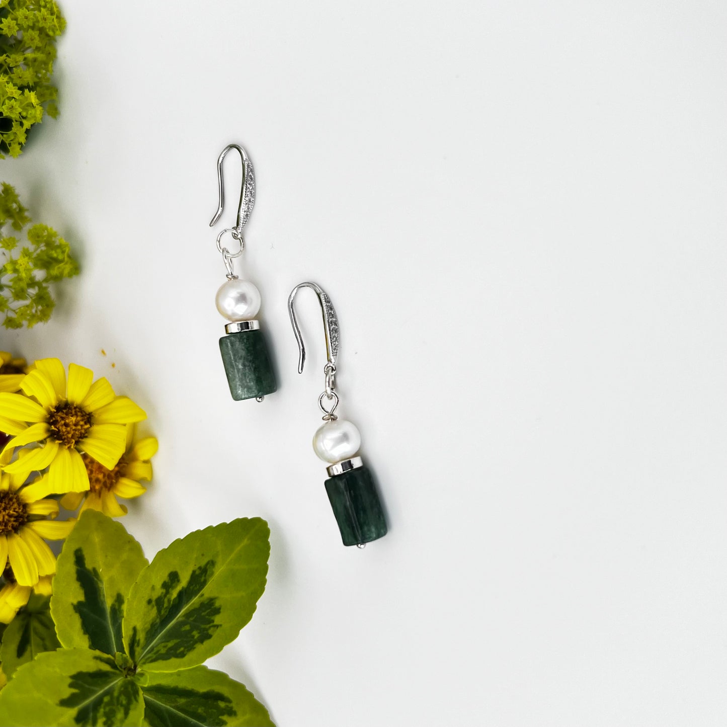 925 Silver Earrings with South Sea Pearls, Dark Green Jade, and Zirconia Hooks