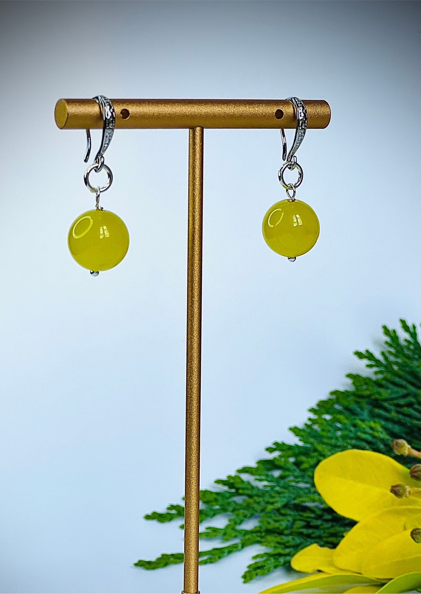 925 Silver Earrings , 10 Mm Yellow Agate