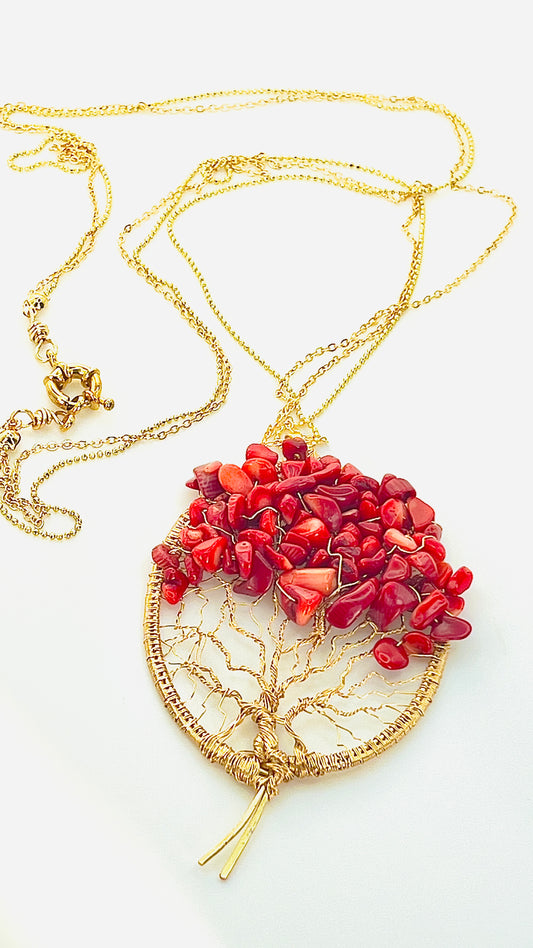 Tree of Life Necklace /  Red Coral & Gold Filled