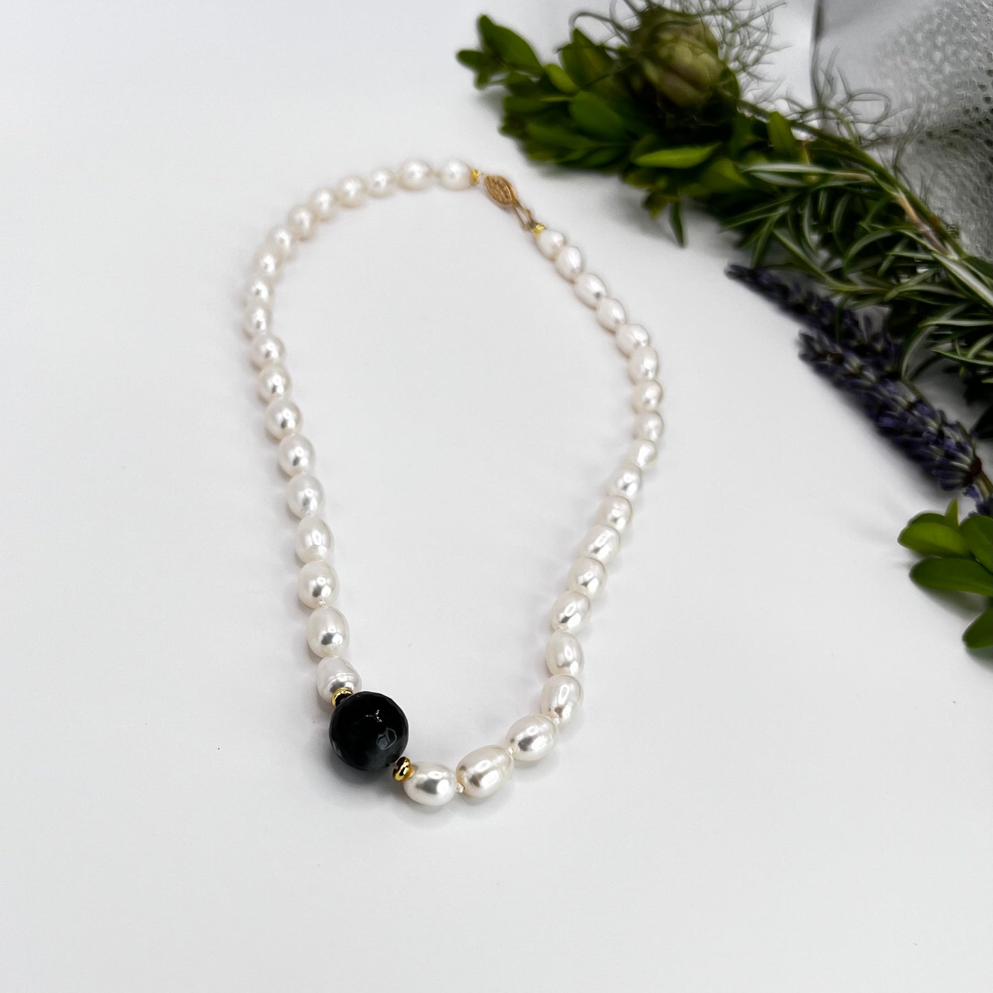 “Dark Blue Tree Agate & Pearl Gold-Filled Necklace”