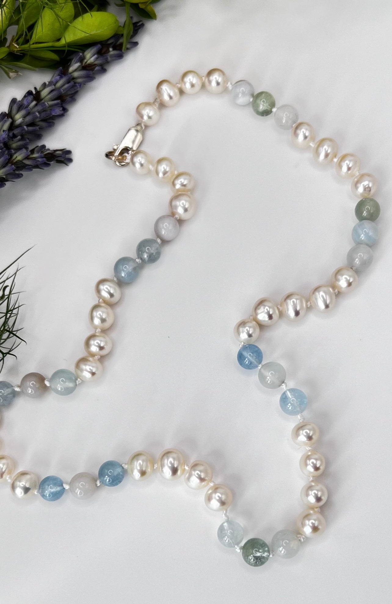 South Sea Pearls / Aquamarine Jade In 925 Silver Necklace