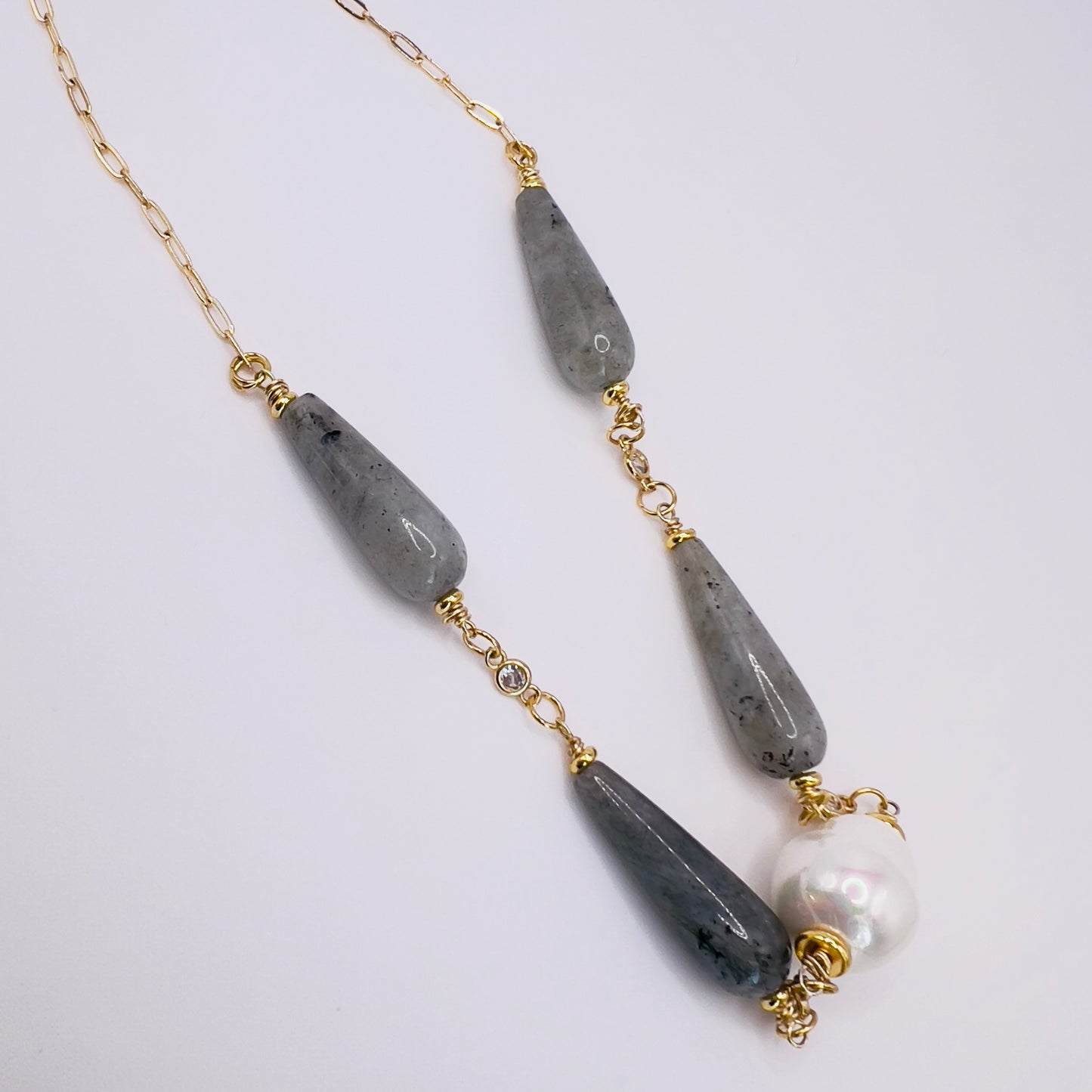 Gold-Filled Necklace with Green Labradorite, Swarovski Pearls & Zirconia Spacers