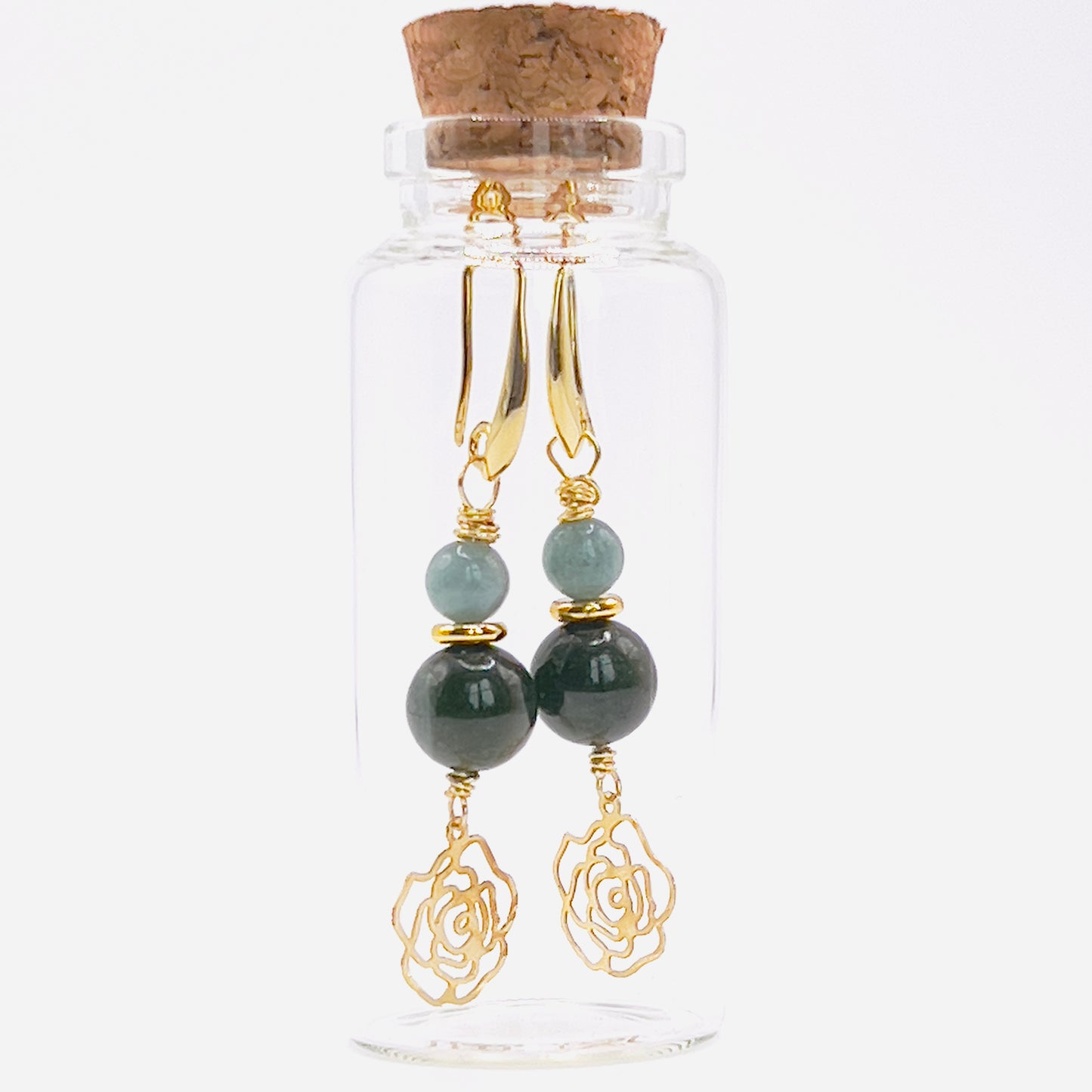 Green Jade & Gold-Filled Jericho Rose Long Earrings