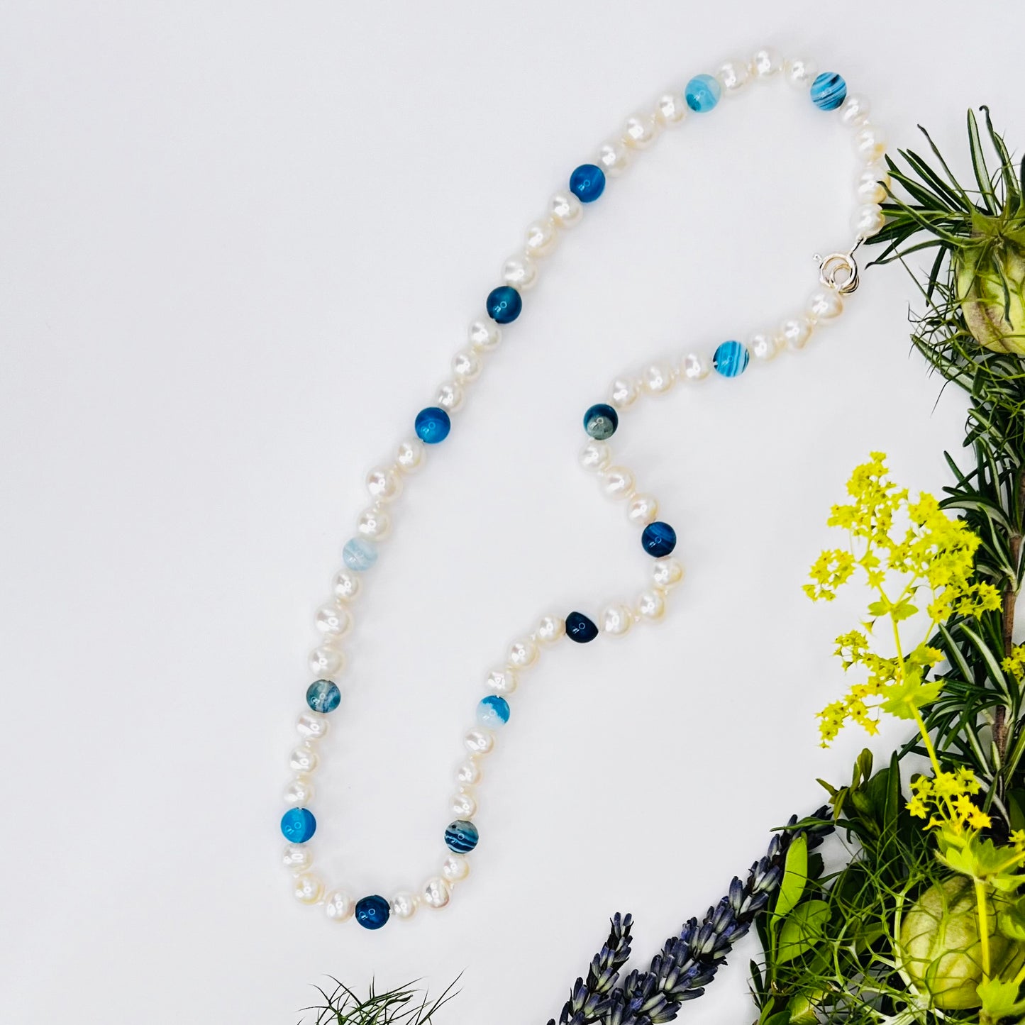 925 Silver Necklace with South Sea Pearls / Blue Agate