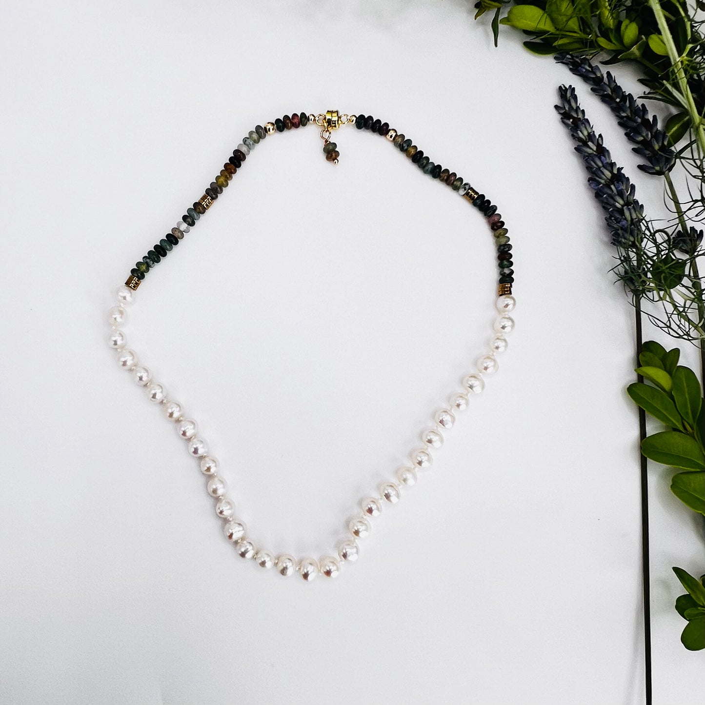 Necklace with South Sea Pearls and Gemstone Rondelle in Gold-Filled with Magnetic Clasp, Strung on Silk Thread