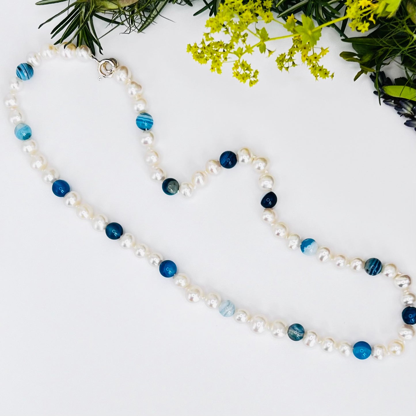 925 Silver Necklace with South Sea Pearls / Blue Agate