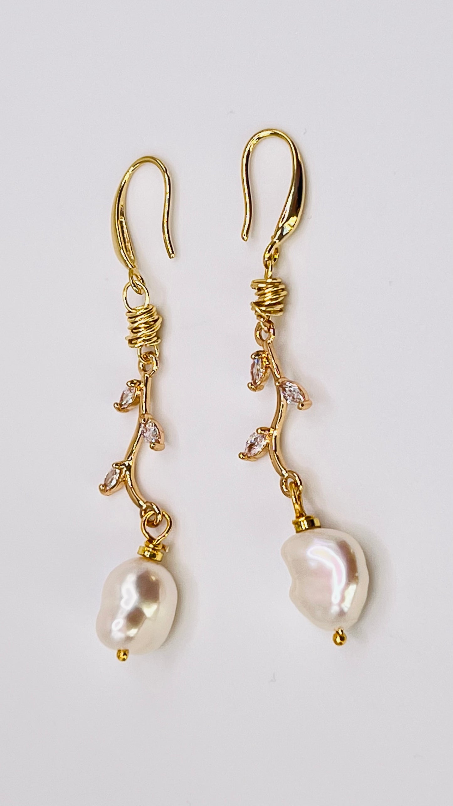 Gold-Filled Baroque Pearl Earrings with Zirconia Leaf Links