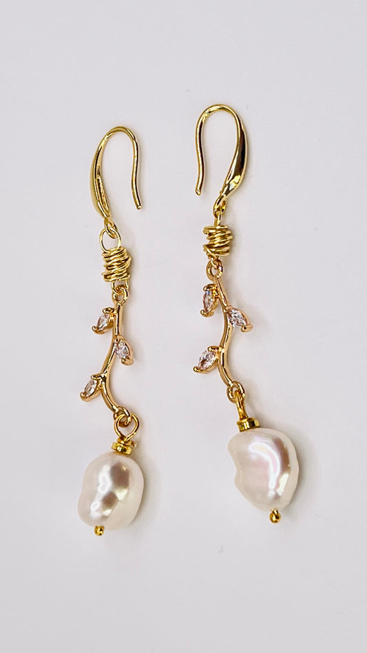 Gold-Filled Baroque Pearl Earrings with Zirconia Leaf Links