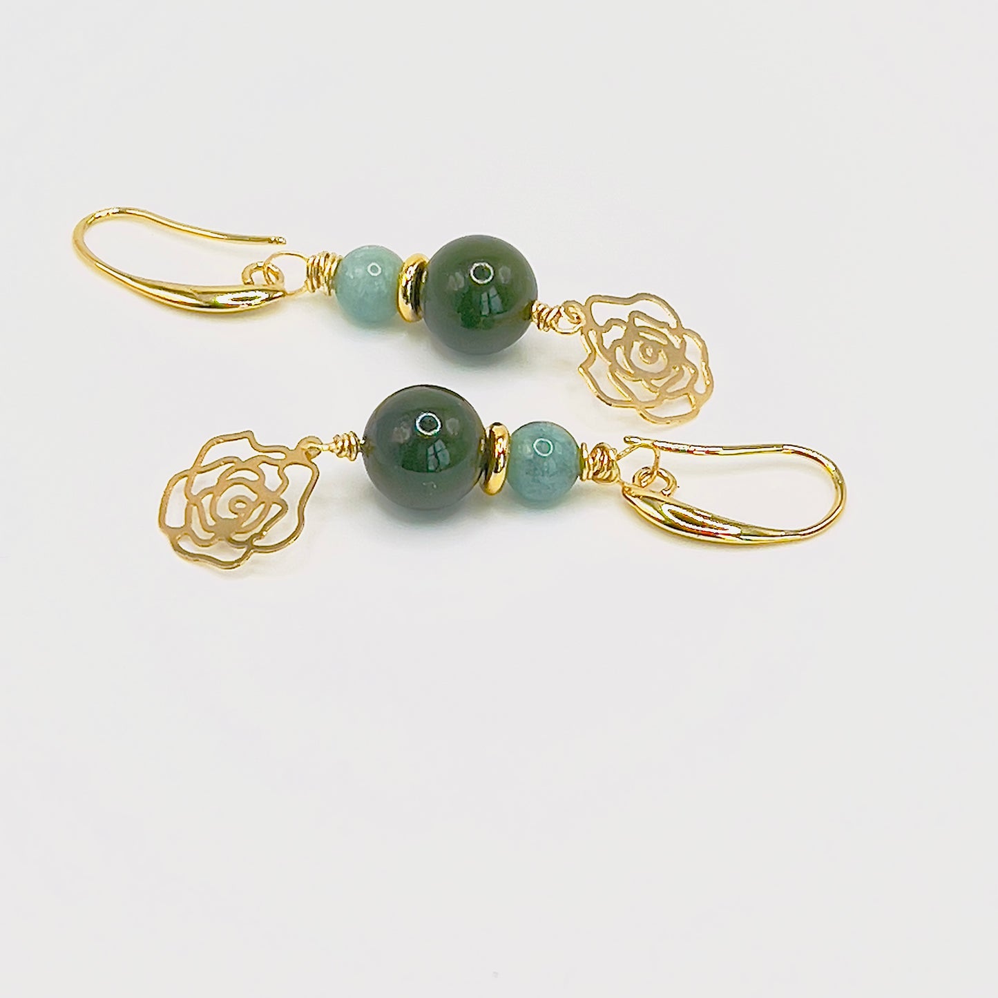 Green Jade & Gold-Filled Jericho Rose Long Earrings