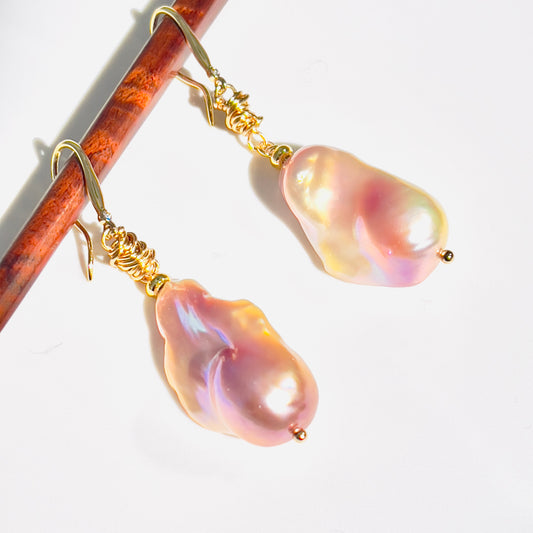 Baroque Flameball Pearl Earrings – Pink, Purple & White | 18K Gold-Plated